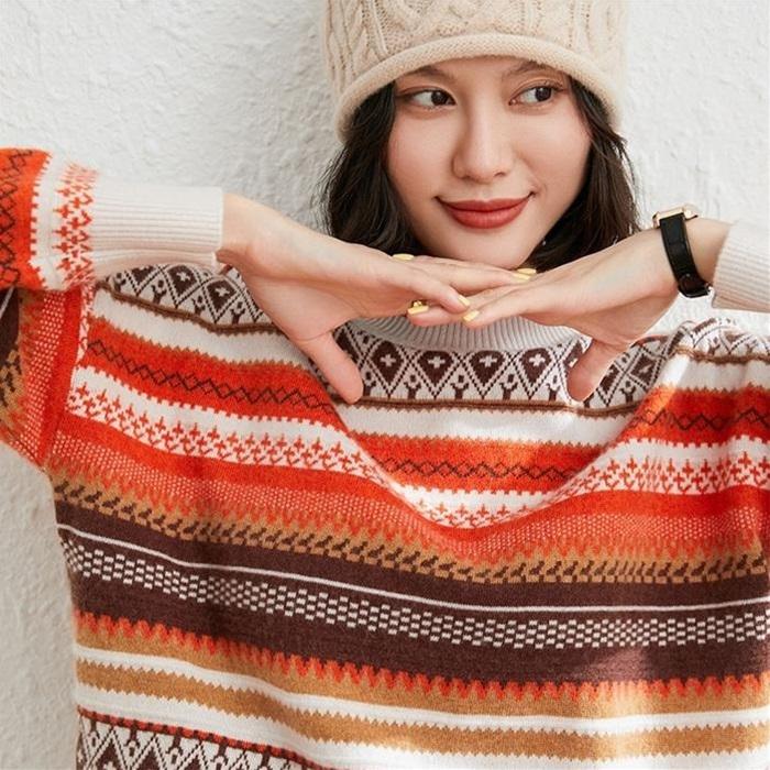 【Fairisle Kint】 ニット レディース　カシミヤ セーター　ノルディック柄ジャガード　ビックシルエットン　ハイネッククリスマスニット [１色展開]