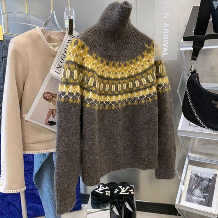 【Fairisle Kint】 ニット レディース　もこもこ暖かい　ノルディック柄ジャガード　オシャレ　ゆったりシルエット　ハイネッククリスマスニット [１色展開]