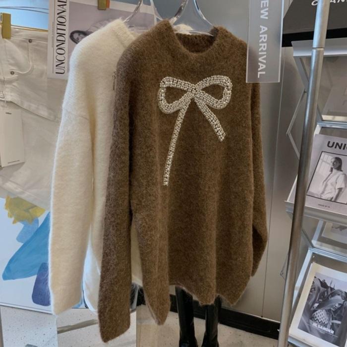 ニット レディース　モヘアニット　もこもこ　暖かい　大きなリボンモチーフ　カワイイ　コレーション　スパンコール　クリスマスニット [２色展開]