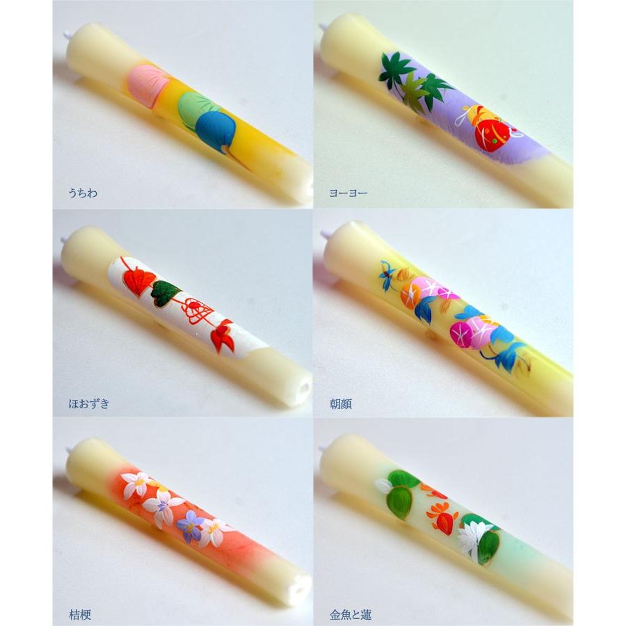 夏限定 数量限定 手描き絵ろうそく 夏の特別柄b 3号6本入り おまけ付き 和ろうそく 進物 記念品 初盆 新盆見舞 手作り 月命日 灯明 お盆 人気 おすすめ