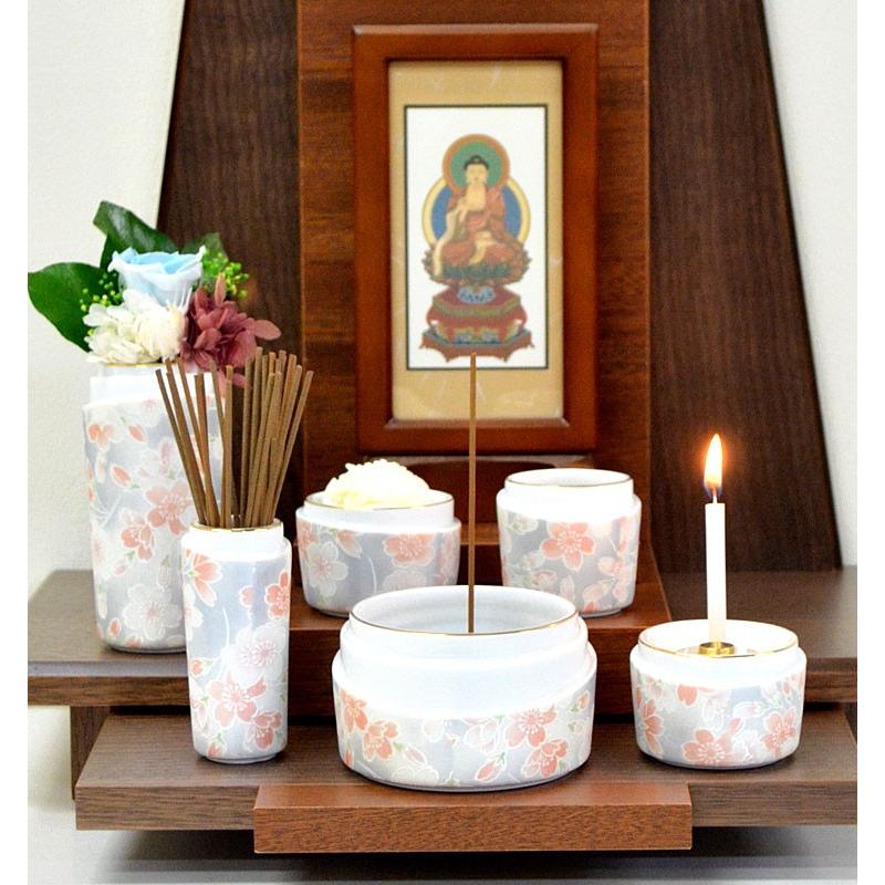 仏具 お仏具 さざなみ5点セット 千年桜 香炉・灯立・仏飯器・茶湯器 