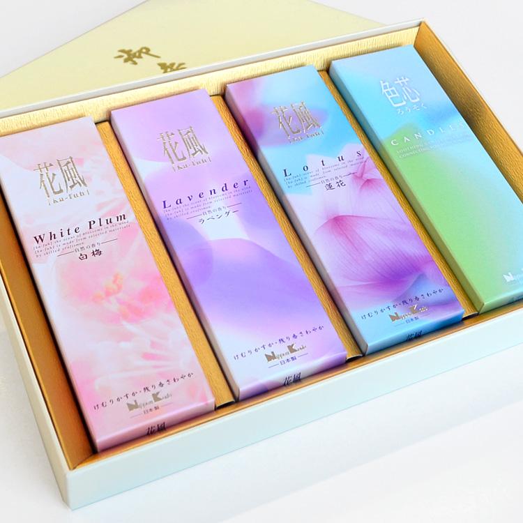 nana年末キャンペーンフランキンセンス & ラベンダー 15mL セット 日本香堂 花風 進物 三種 色芯ろうそく入 蓮花・白梅