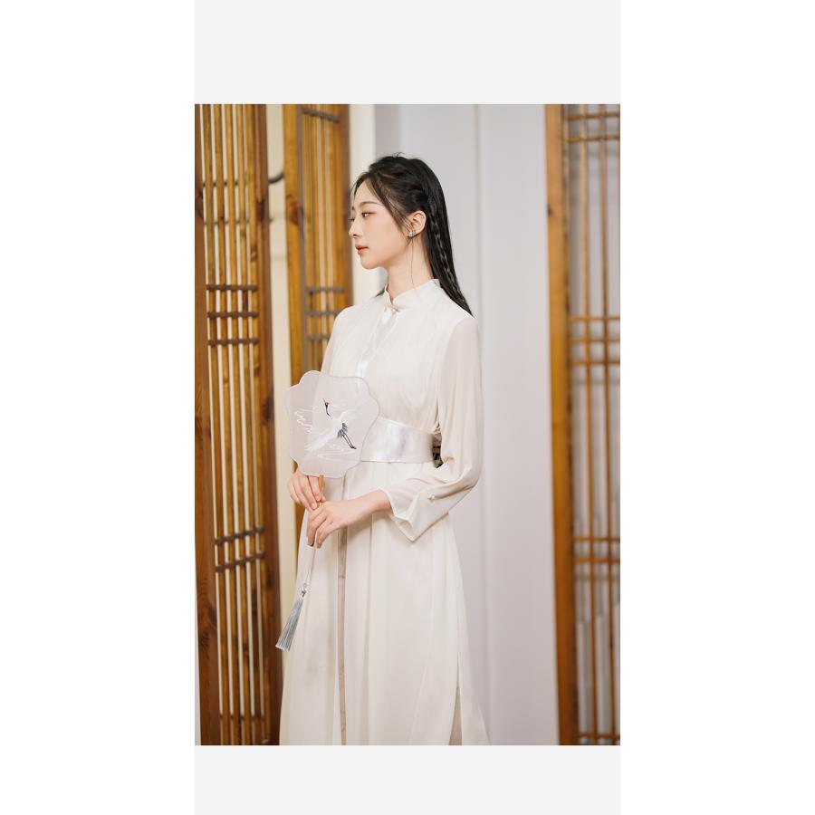 ワンピース レディース チャイナドレス風 フレアワンピース 中華風 スリム 立襟 シフォン 膝下 ミモレ丈 長袖 袖あり スタンドカラー ストレート ドッキング 異素材MIX ベルト ウエストマーク ハイウエスト 2way サテン 大人可愛い きれいめ 上品 おしゃれ かっこいい ワンピース レディース チャイナドレス風 フレアワンピース 中華風