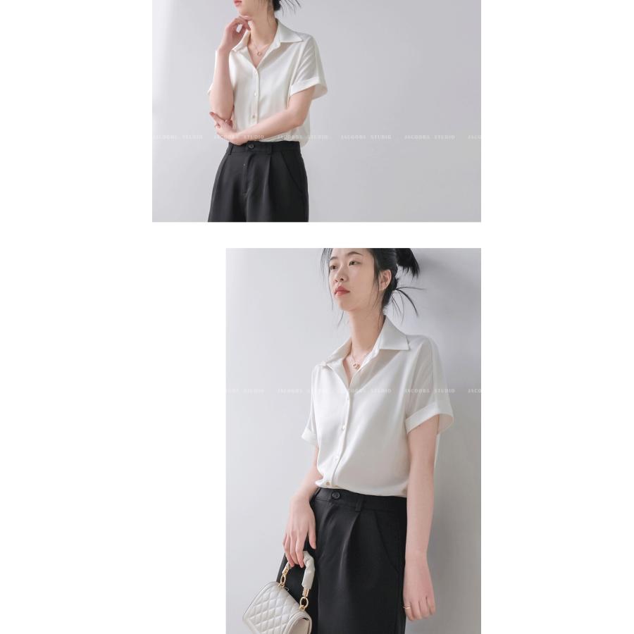 夏 シャツ サテン トップス Tシャツ 上着 白トップス ショート丈 袖あり 半袖 ラウンドネック 襟付き ストレート レギュラー ボタン ポリエステル 異素材MIX かわいい 大人可愛い きれいめ シンプル 大人 おしゃれ レトロ アジアン 大人女子 こなれ感 ラブリー モダン 無地 夏 夏 シャツ サテン トップス Tシャツ 上着 白トップス ショート丈 袖