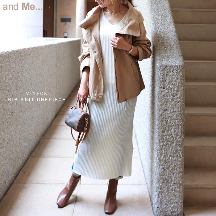 Vネック ワイドリブ ニット ワンピース レディース 長袖 フェミニン サイドスリット 美ライン 秋 冬 宅配便a B 2 And Me アンドミー 通販 Yahoo ショッピング