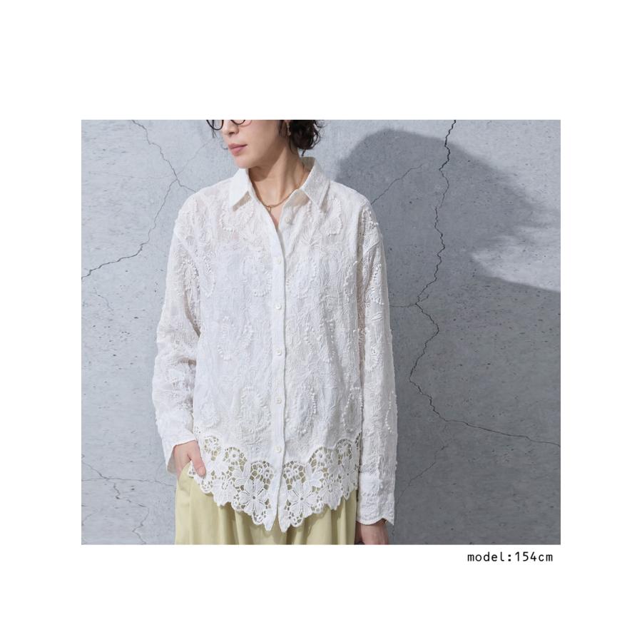 antiqua（アンティカ） ブラウス レディース 刺繍 レース 長袖 綿100