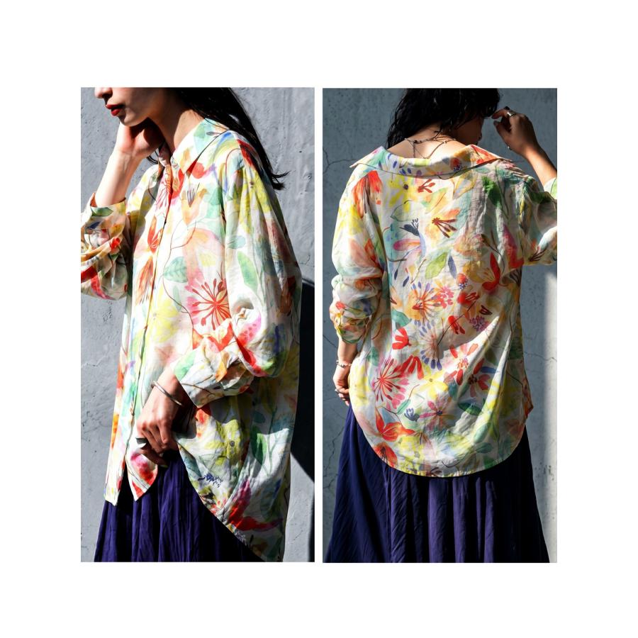 antiqua（アンティカ） シャツ シアー レディース 長袖 水彩花柄 送料