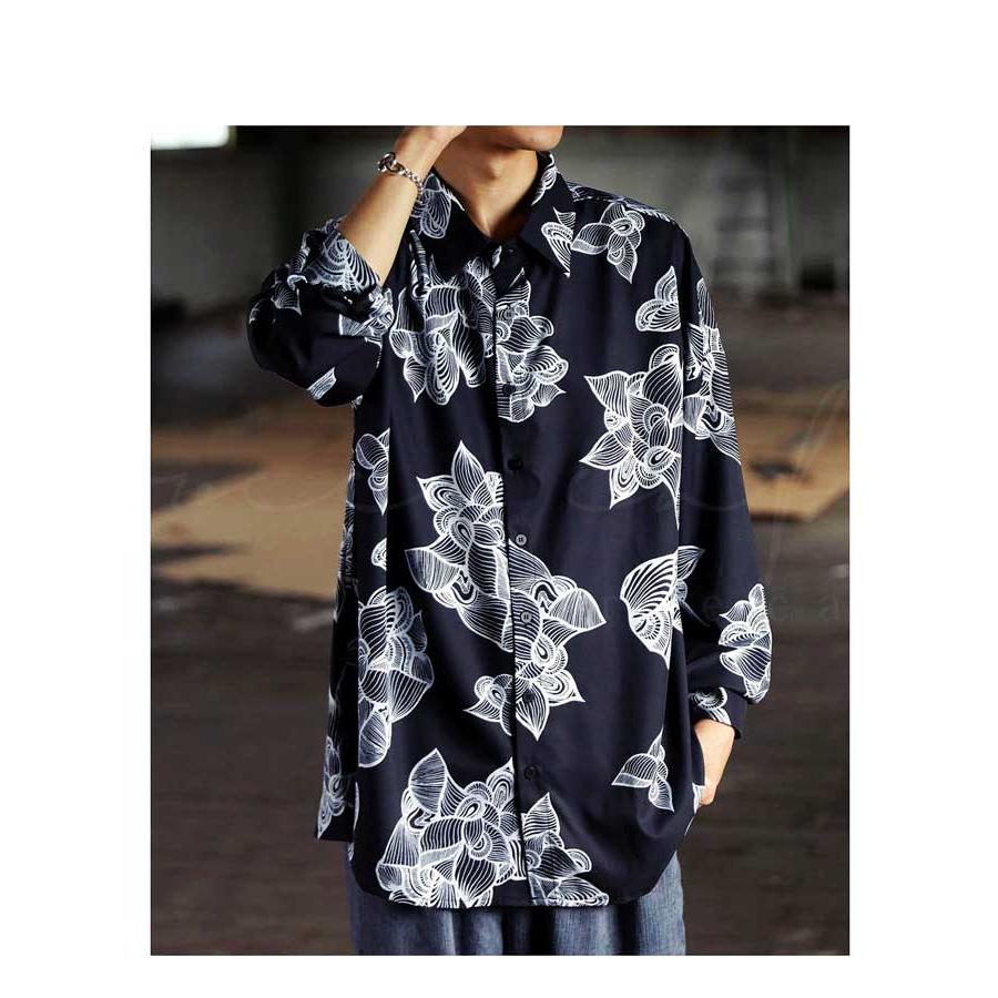 antiqua 手描きプリント リーフ柄シャツ シャツ メンズ 長袖 送料無料 