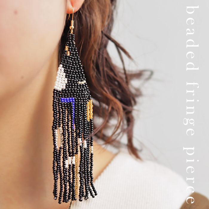 再16 フリンジ ピアス イヤリング ネイティブ 黒 ゴールド 金