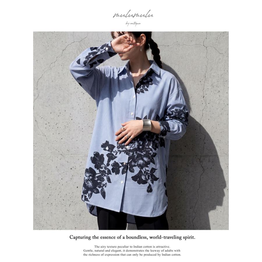 antiqua（アンティカ） シャツ レディース 長袖 ストライプ柄 花柄 綿