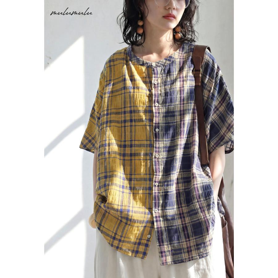 antiqua（アンティカ） チェック柄 シャツ レディース 半袖 インド綿