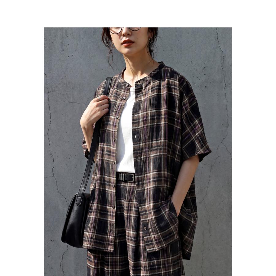 antiqua（アンティカ） チェック柄 シャツ レディース 半袖 インド綿