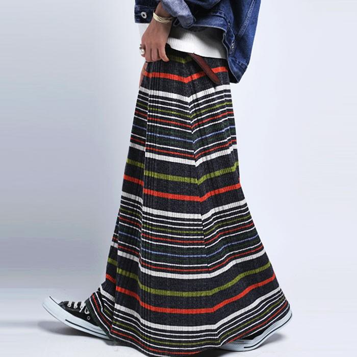 ボトムス スカート ボーダー ニットスカート マルチボーダーリブ