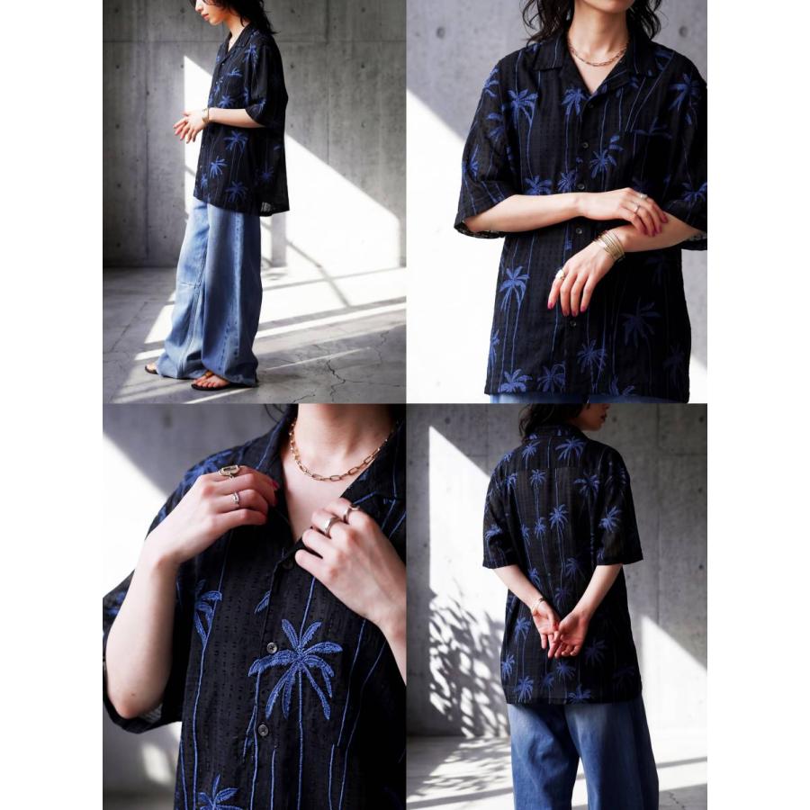 antiqua（アンティカ） シャツ レディース 半袖 刺繍 ヤシの木柄 開襟