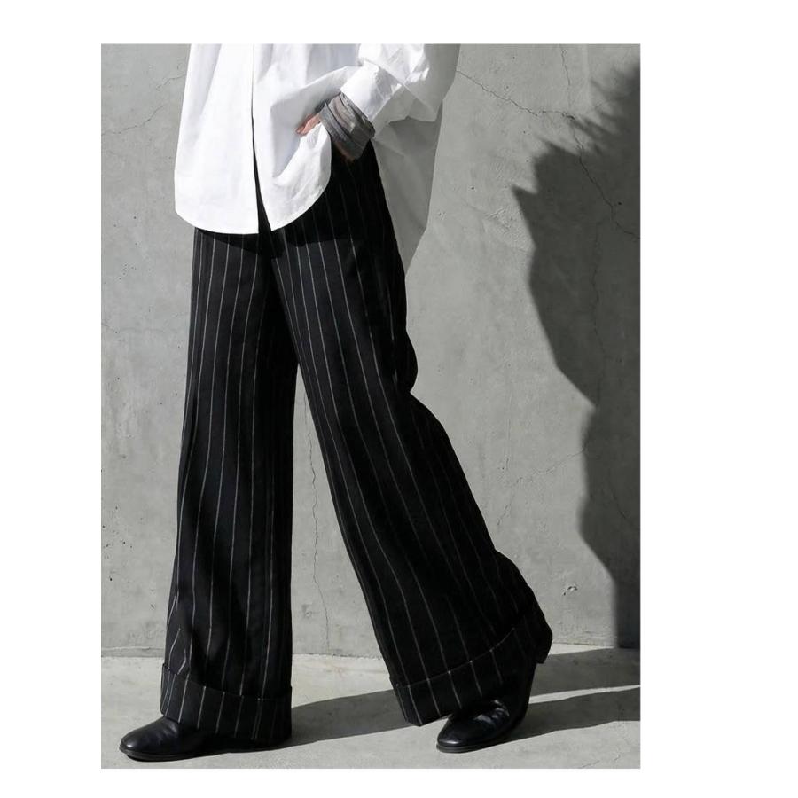 【pas de calais】綿麻ストライプワイドパンツ✴︎ブラック antiqua（アンティカ） ストライプ柄 ワイドパンツ レディース 大きい