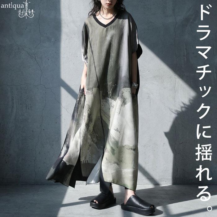 antiqua（アンティカ） アート柄 切替 ワンピース レディース Vネック
