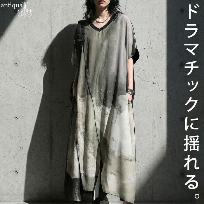 antiqua（アンティカ） アート柄 切替 ワンピース レディース Vネック
