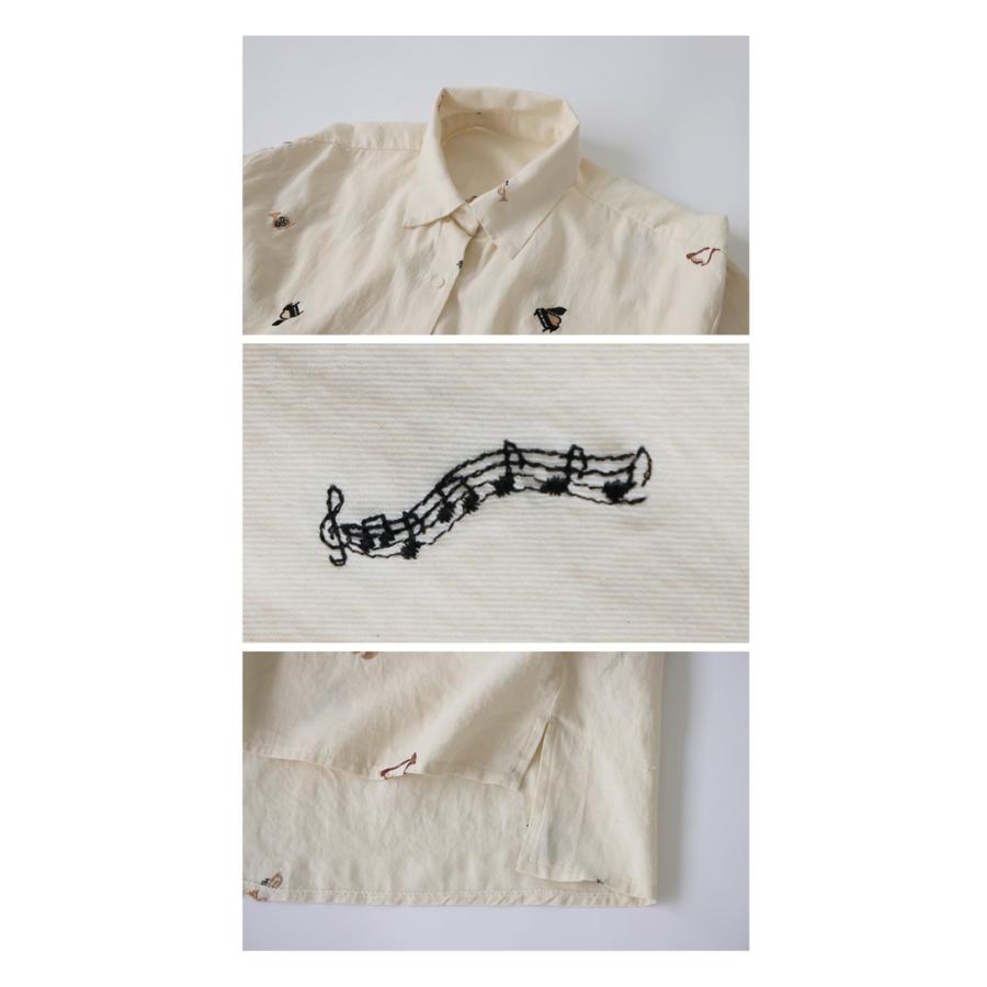 ヴィンテージ　vintage　ブルー　tシャツ　長袖　楽器 ブラウス　総柄　音楽 antiqua（アンティカ） 刺繍 楽器柄 シャツ レディース 長袖 トップス