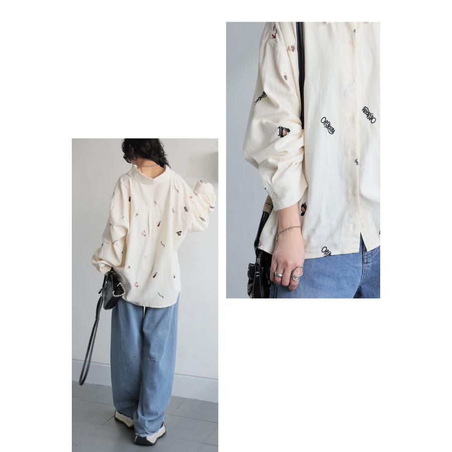 ヴィンテージ　vintage　ブルー　tシャツ　長袖　楽器 ブラウス　総柄　音楽 antiqua（アンティカ） 刺繍 楽器柄 シャツ レディース 長袖 トップス