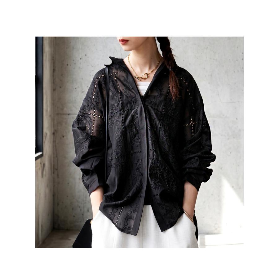 antiqua（アンティカ） シアーシャツ レディース 長袖 刺繍レース