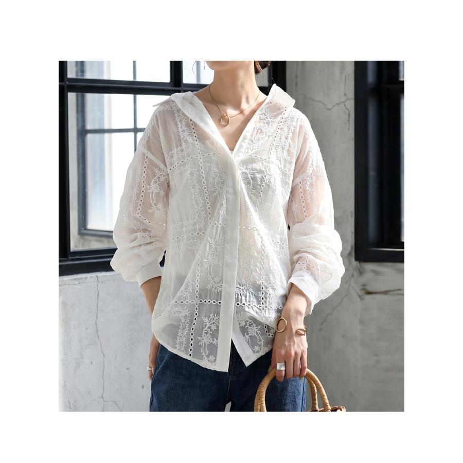 antiqua（アンティカ） シアーシャツ レディース 長袖 刺繍レース