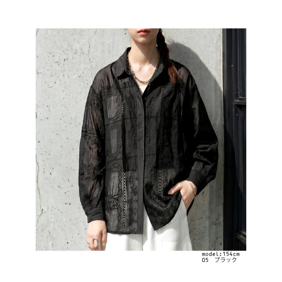 antiqua（アンティカ） シアーシャツ レディース 長袖 刺繍レース
