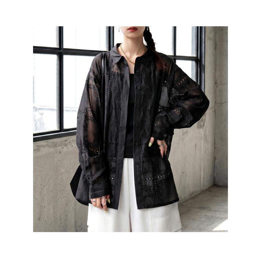antiqua（アンティカ） シアーシャツ レディース 長袖 刺繍レース