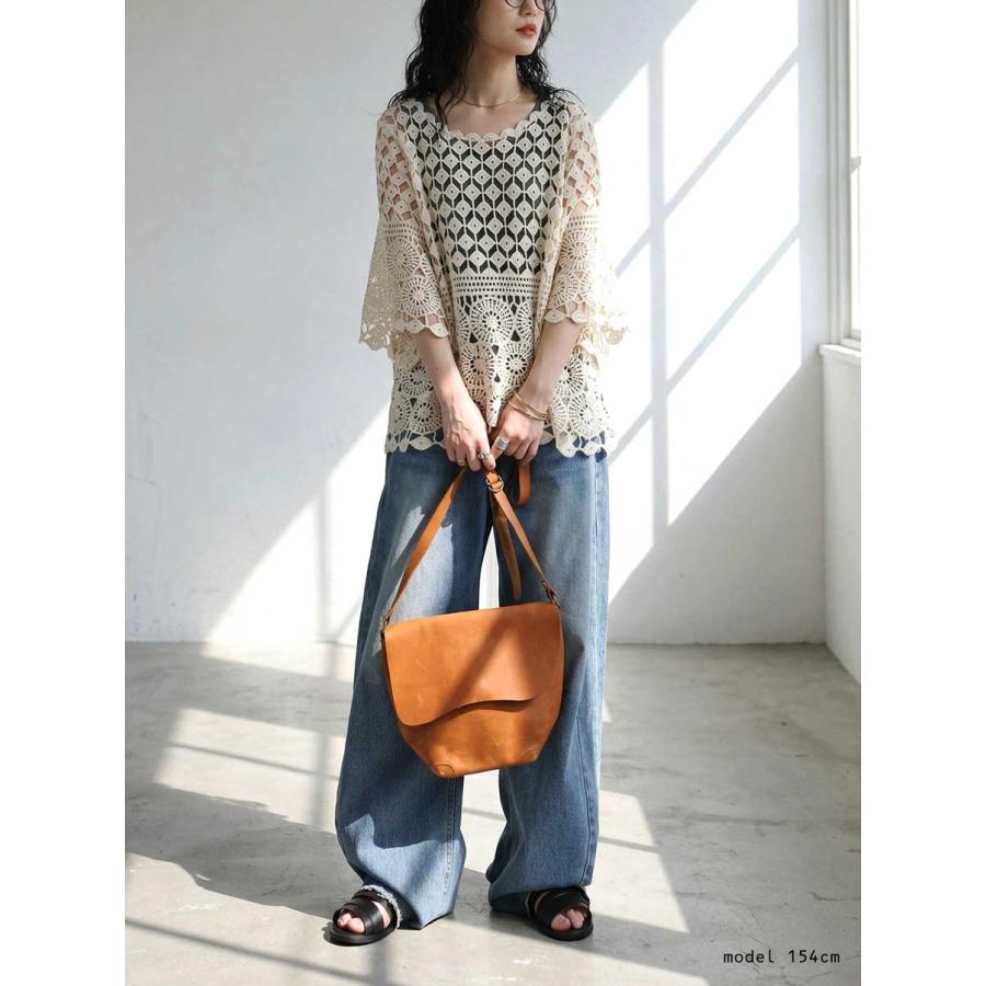 antiqua（アンティカ） レーストップス レディース 半袖 透かし編み 綿
