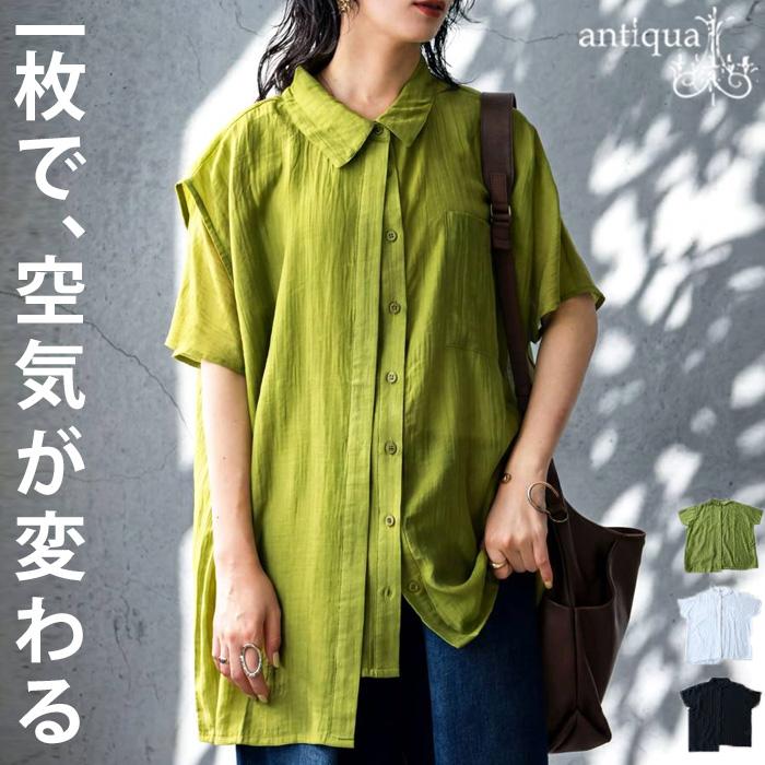 Y's ワイズ / シアー 半袖シャツ ブラック シースルー 日本製 antiqua（アンティカ） シアーシャツ レディース 半袖 楊柳 無地