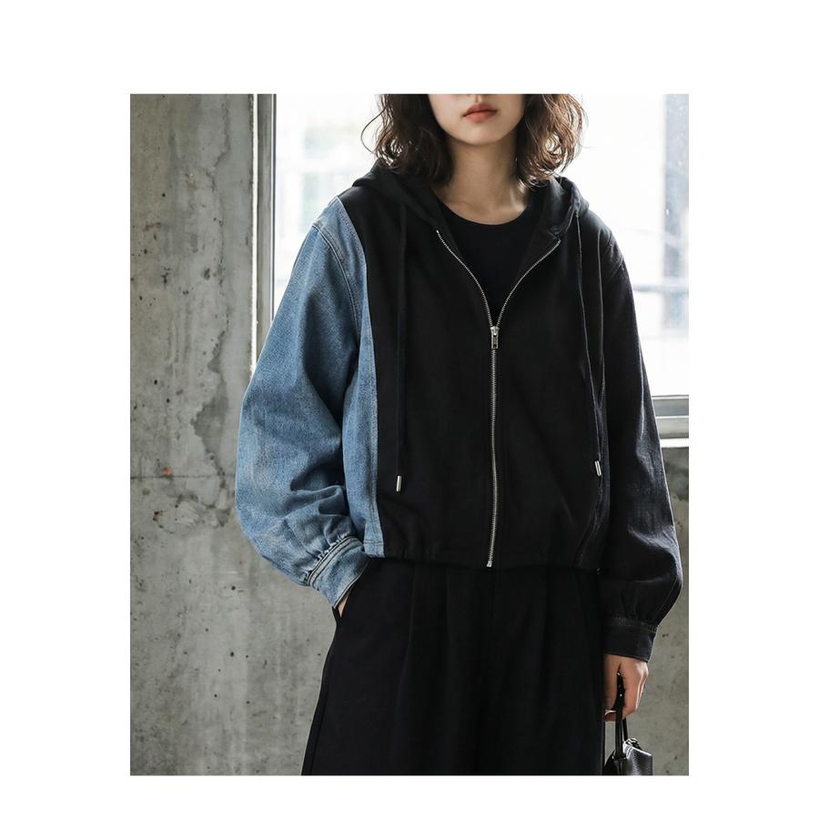 antiqua（アンティカ） 異素材切替 裏毛×デニム パーカー レディース 