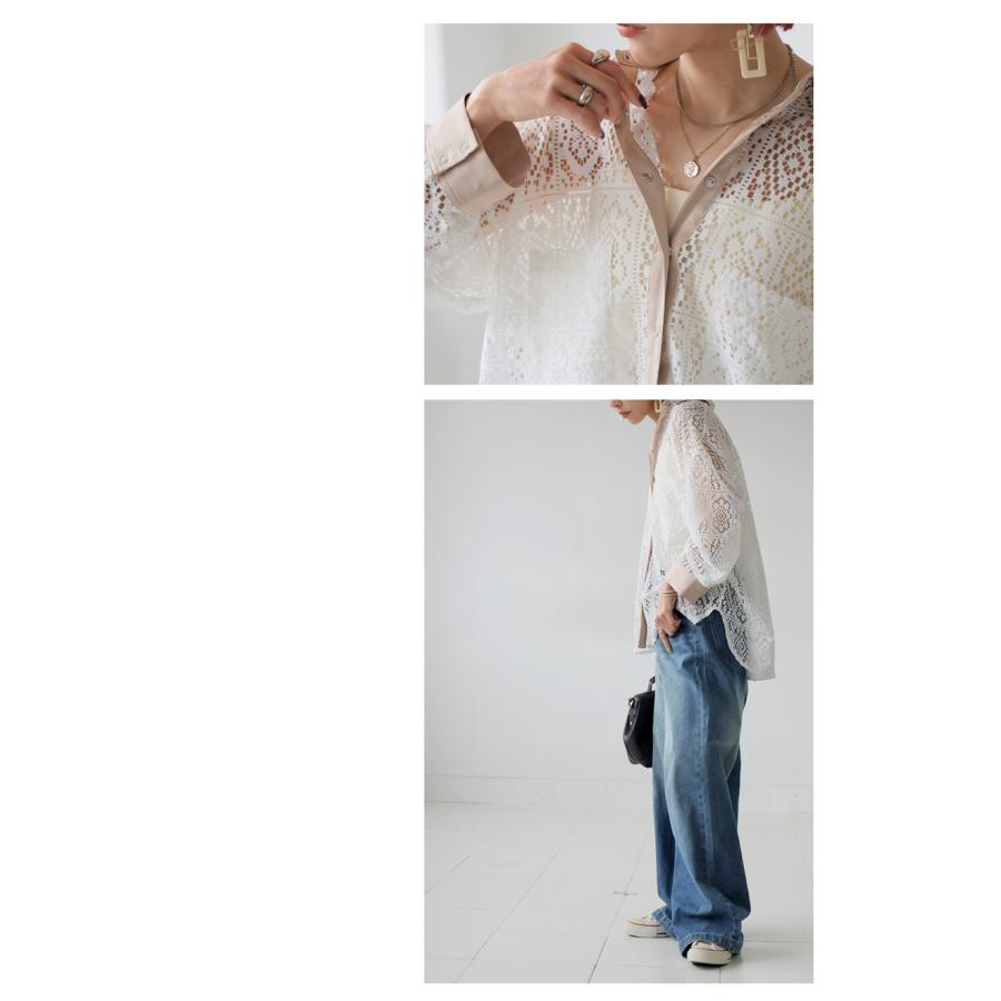 antiqua 極上刺繍とレースモチーフトップス&amp;デニムドルマシャツ antiqua（アンティカ） 刺繍レースシャツ シャツ レディース トップス