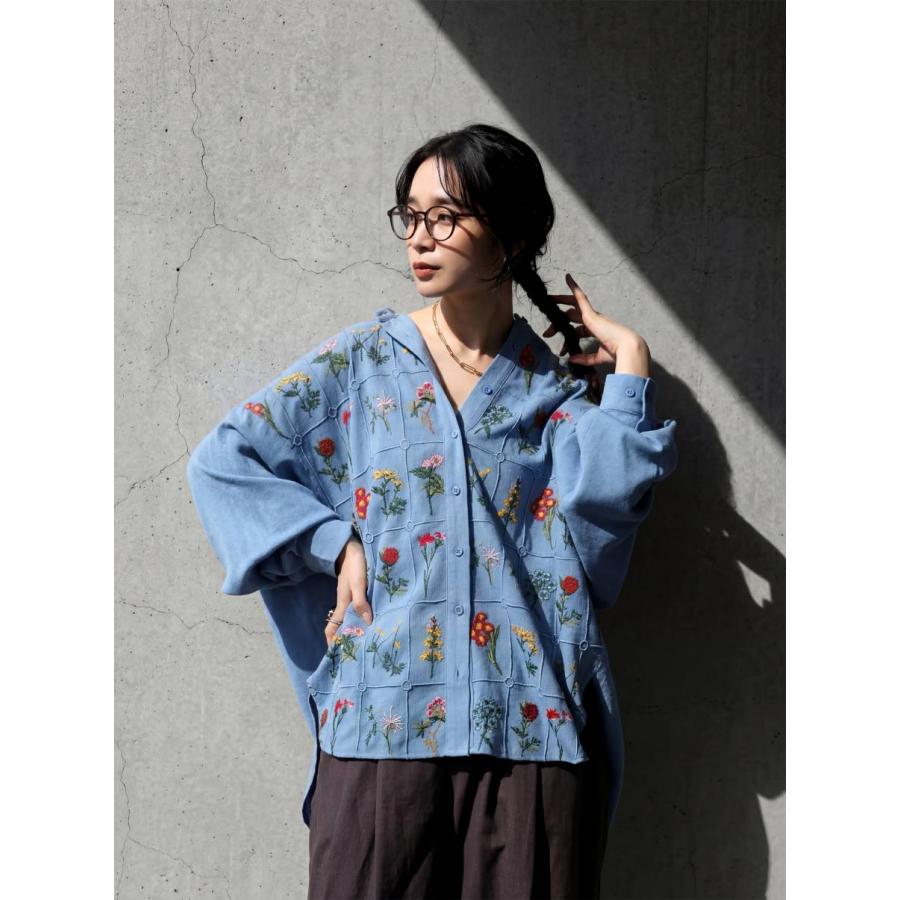 シャツ レディース 花柄 刺繍 バンドカラー 長袖 送料無料・再入荷 500ptメール便可の画像