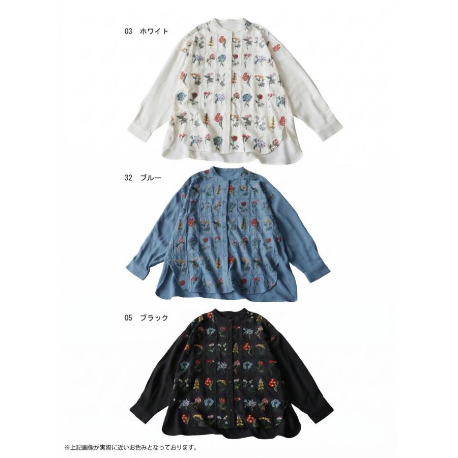 シャツ レディース 花柄 刺繍 バンドカラー 長袖 送料無料・再入荷 500ptメール便可の画像