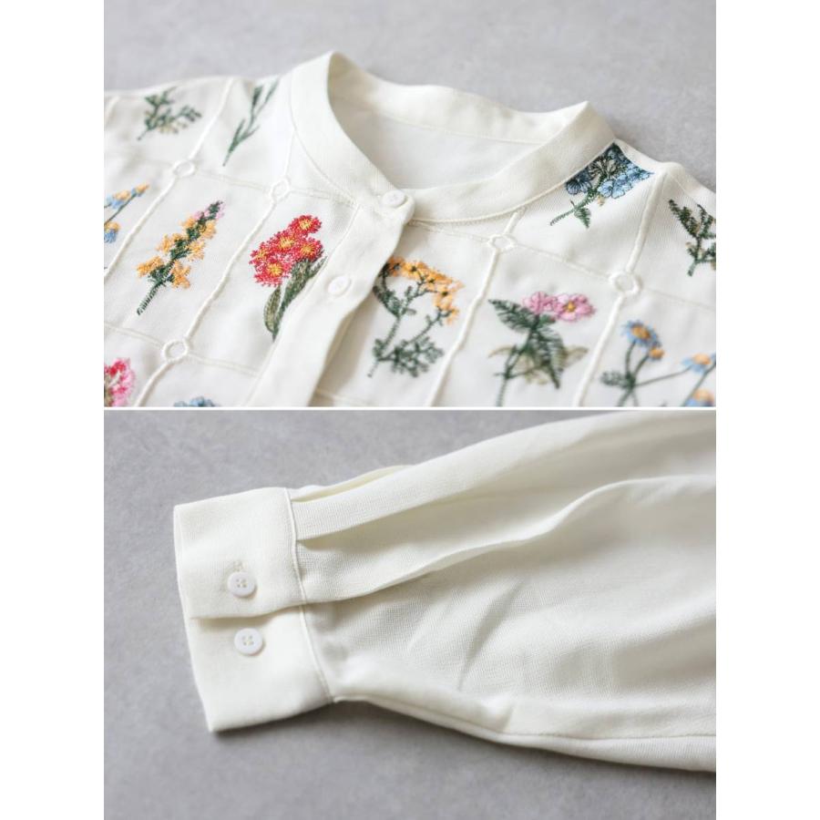 シャツ レディース 花柄 刺繍 バンドカラー 長袖 送料無料・再入荷 500ptメール便可の画像