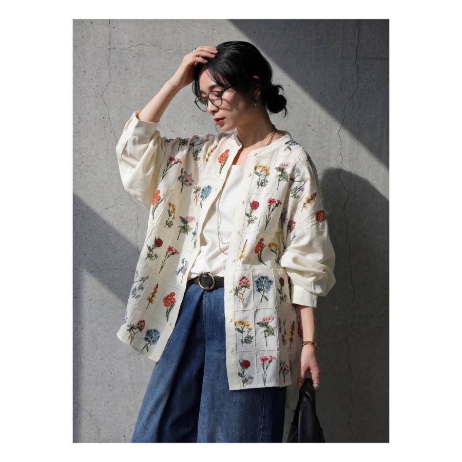 シャツ レディース 花柄 刺繍 バンドカラー 長袖 送料無料・再入荷 500ptメール便可の画像
