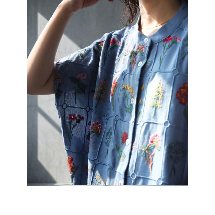 antiqua（アンティカ） シャツ レディース 半袖 バンドカラー 花柄
