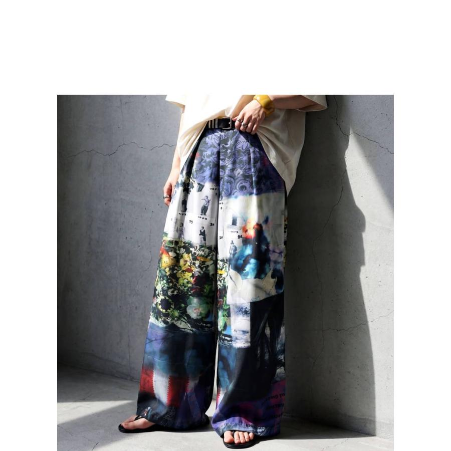 ワイドパンツ レディース ロング 柄パンツ 配色プリント 送料無料 ・80ptメール便可の画像