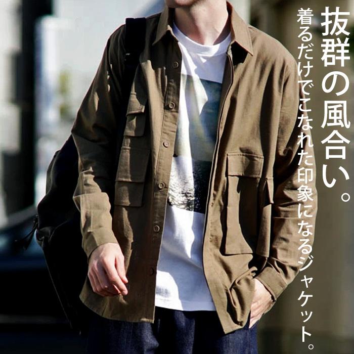 antiqua トップス アウター ジャケット 長袖 メンズ 綿麻 ワークシャツ 