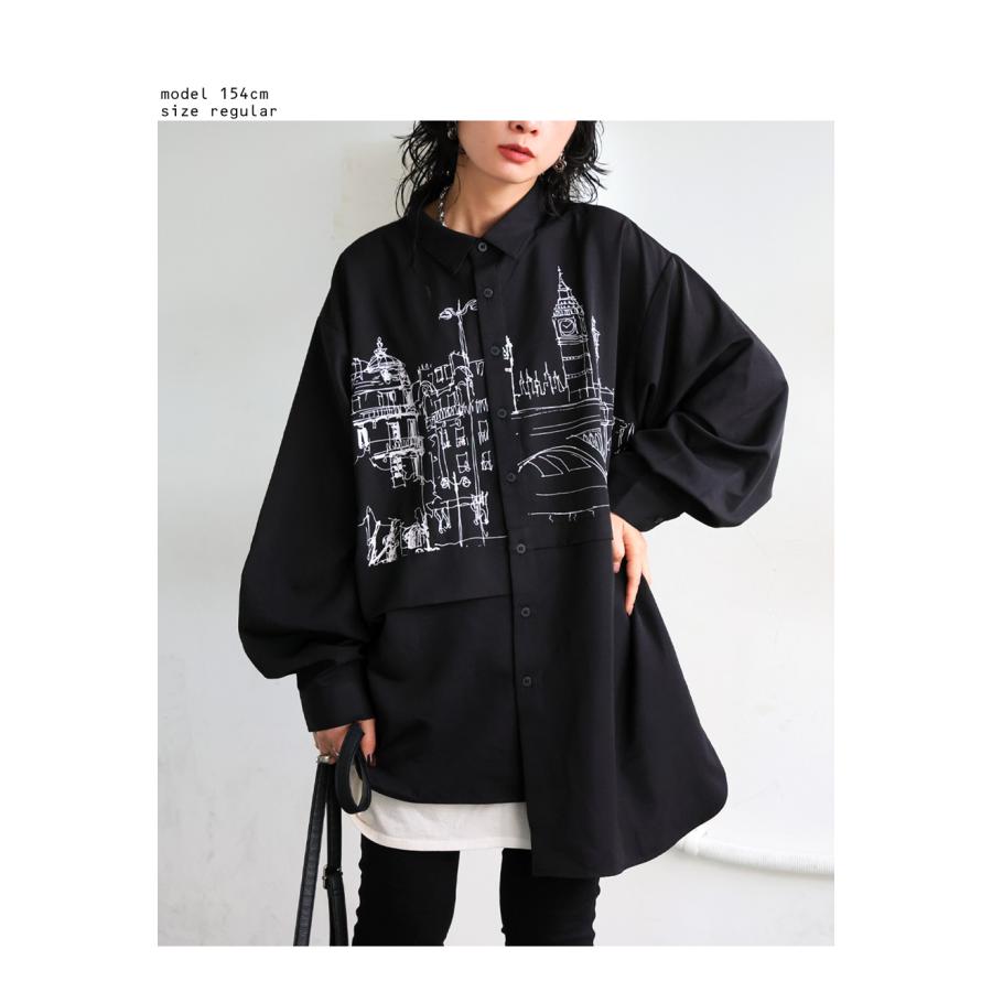 ひなな様33℃ネイビーロングシャツ、クロシェアシメt黒 antiqua（アンティカ） アシンメトリー シャツ レディース 長袖 アート
