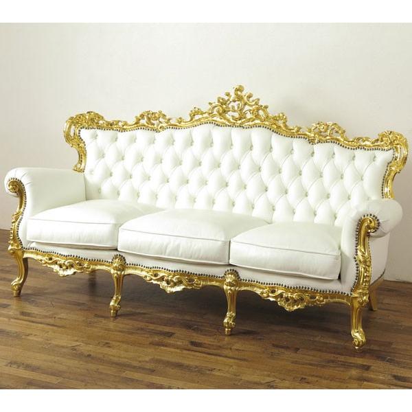 初売り フランスアンティーク家具 レストア済みサロンソファー 1930年頃フランス 彫刻も美しくインパクト抜群のゴージャスなソファ フレームはゴールド生地は白のレザー ソファ ソファベッド