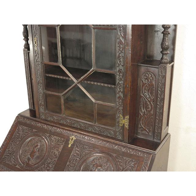 アンティーク風ビューロー 彫刻装飾付き 1880年頃 ブックビューロー 華やかな装飾 素晴らしい彫刻 机 イギリス