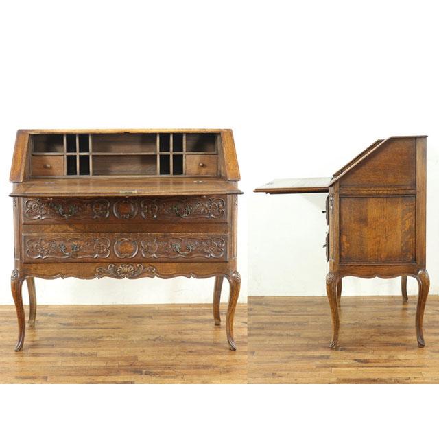 ライティングビューロー　デスク　オーク材 アンティーク風のおしゃれなライティングビューロー、重厚な