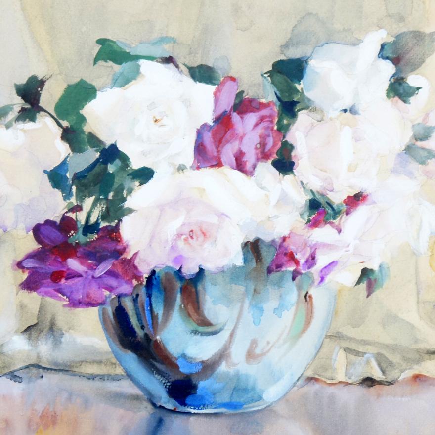 松本慎三 薔薇 肉筆 水彩画 1930年 8号相当 額装 p-134 : アンティーク