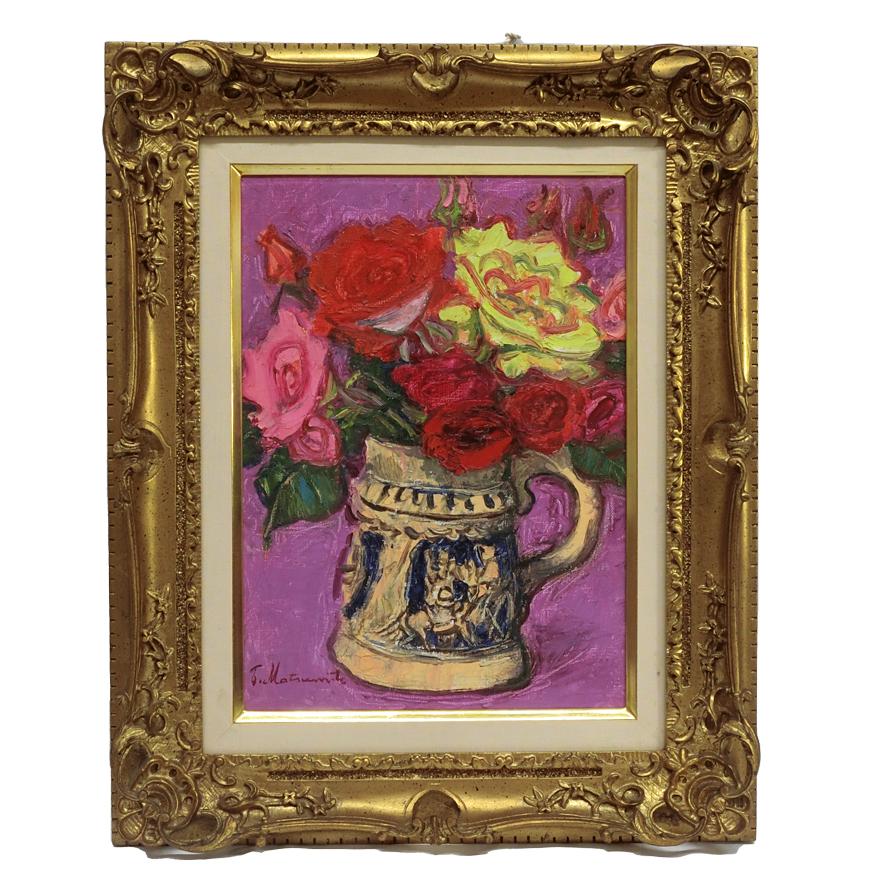 松本富太郎油彩バラ額サイズ（約４４０Ｘ４５５ｍｍ） 松本富太郎 「薔薇」 油彩画 4号 肉筆 額装 P-170