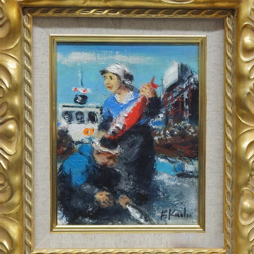 工藤和男 「赤い魚と漁婦」 油彩画 F0号 肉筆 額装 P-177