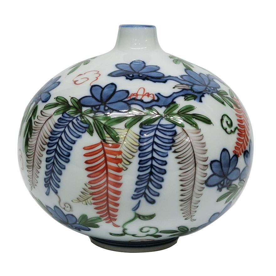 館林源右衛門 染錦 花絵 花瓶 花器 一輪挿し 共箱 y-292