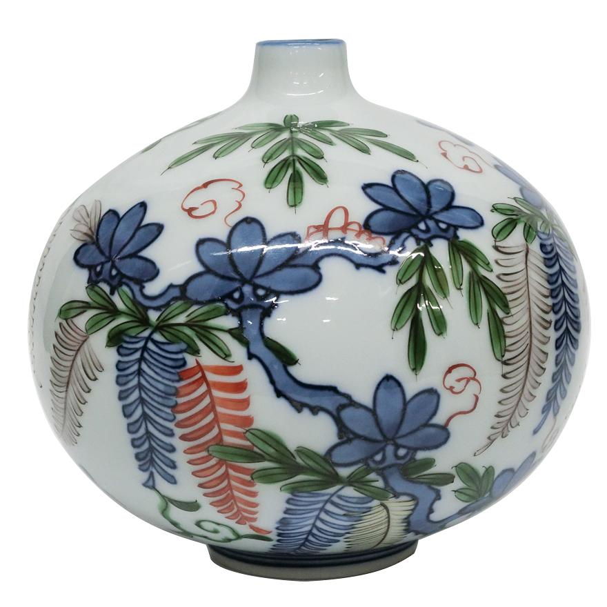 館林源右衛門 染錦 花絵 花瓶 花器 一輪挿し 共箱 y-292