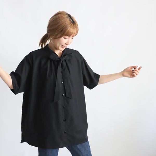 ギマ擬麻コットン ボウタイ リボンタイ 燕尾裾ブラウス シャツ