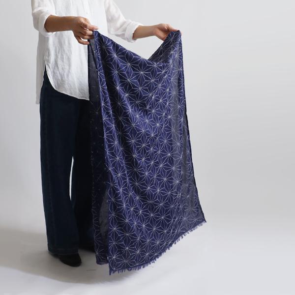 送料無料 最終SALE 木綿白糸を刺し子した大判ストール ショール