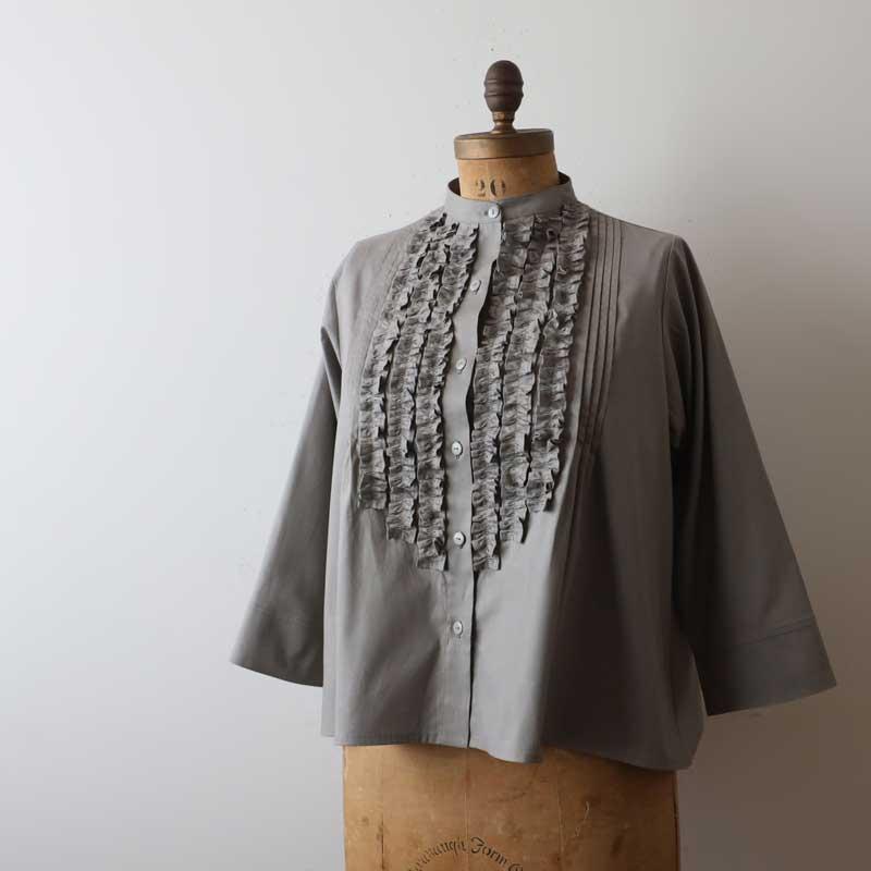 夏ＳＡＬＥ 上質ギマ擬麻コットン  小花フリル シャツ ブラウス ジャケット 前開き ゆったり 羽織り グレーU17Aの画像